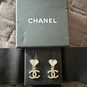 CHANEL Heart Logo Pendant Earrings